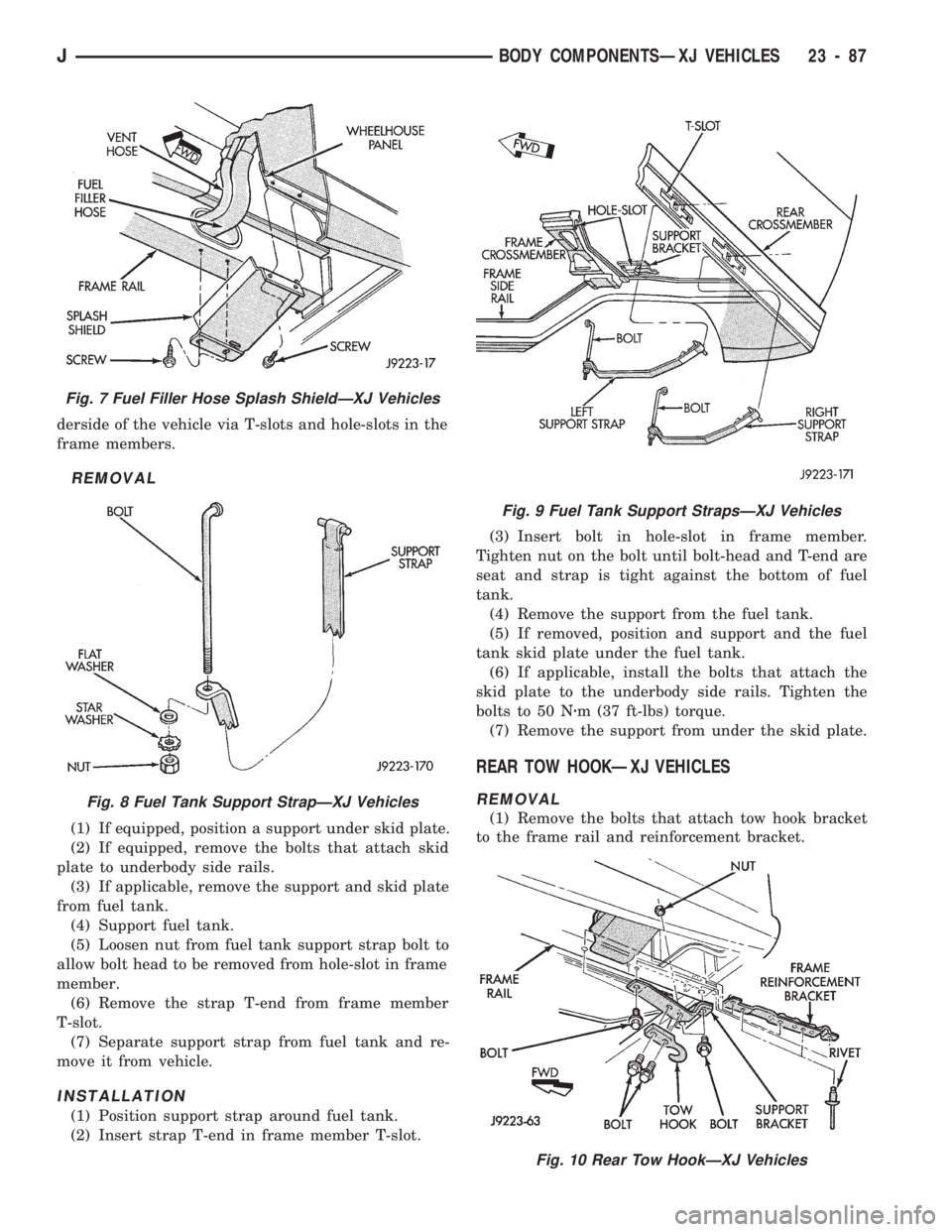 JEEP CHEROKEE 1994  Service Repair Manual derside of the vehicle via T-slots and hole-slots in the
frame members.
REMOVAL
(1) If equipped, position a support under skid plate.
(2) If equipped, remove the bolts that attach skid
plate to underb