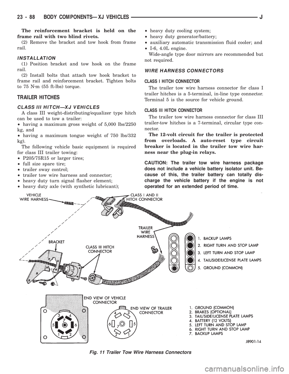JEEP CHEROKEE 1994  Service Repair Manual The reinforcement bracket is held on the
frame rail with two blind rivets.
(2) Remove the bracket and tow hook from frame
rail.
INSTALLATION
(1) Position bracket and tow hook on the frame
rail.
(2) In