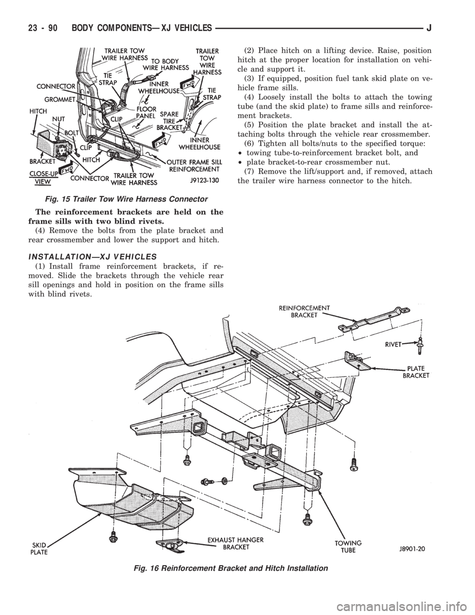JEEP CHEROKEE 1994  Service Repair Manual The reinforcement brackets are held on the
frame sills with two blind rivets.
(4) Remove the bolts from the plate bracket and
rear crossmember and lower the support and hitch.
INSTALLATIONÐXJ VEHICLE
