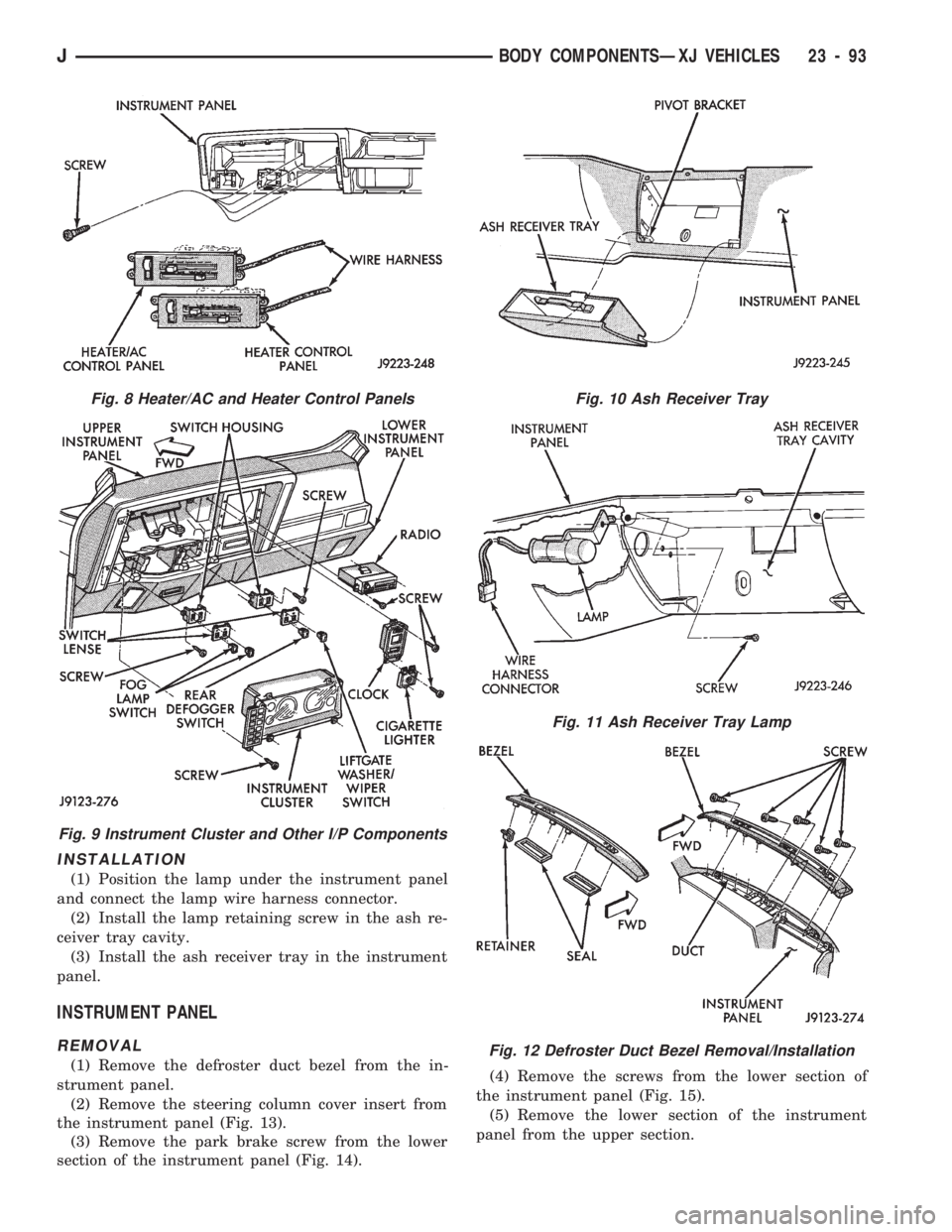 JEEP CHEROKEE 1994  Service Repair Manual INSTALLATION
(1) Position the lamp under the instrument panel
and connect the lamp wire harness connector.
(2) Install the lamp retaining screw in the ash re-
ceiver tray cavity.
(3) Install the ash r