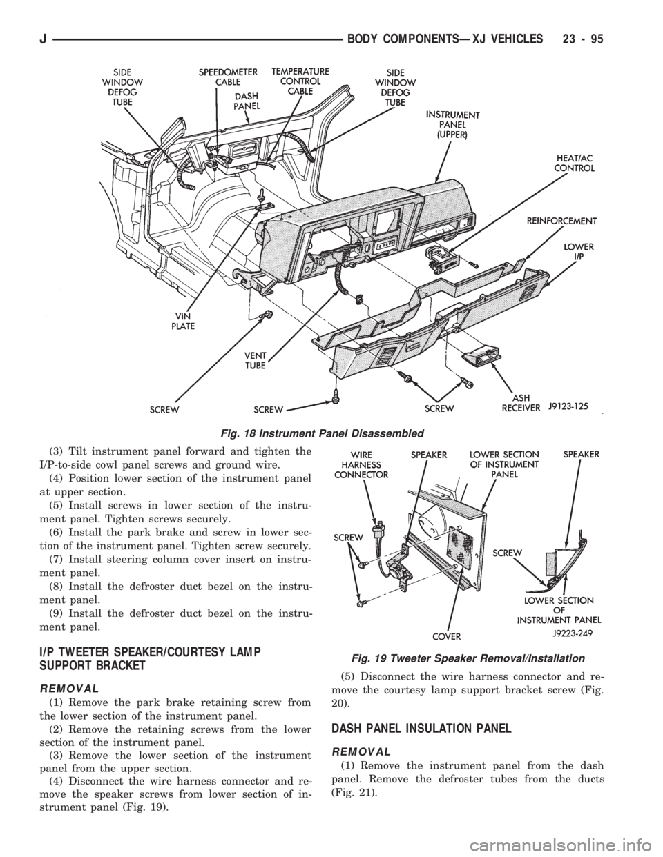 JEEP CHEROKEE 1994  Service Repair Manual (3) Tilt instrument panel forward and tighten the
I/P-to-side cowl panel screws and ground wire.
(4) Position lower section of the instrument panel
at upper section.
(5) Install screws in lower sectio