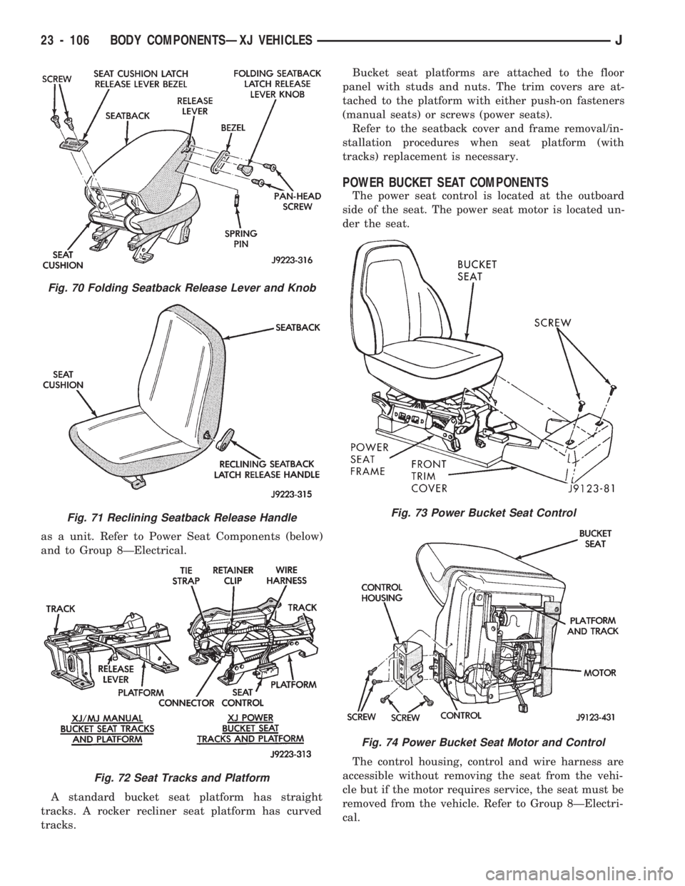 JEEP CHEROKEE 1994  Service Repair Manual as a unit. Refer to Power Seat Components (below)
and to Group 8ÐElectrical.
A standard bucket seat platform has straight
tracks. A rocker recliner seat platform has curved
tracks.Bucket seat platfor