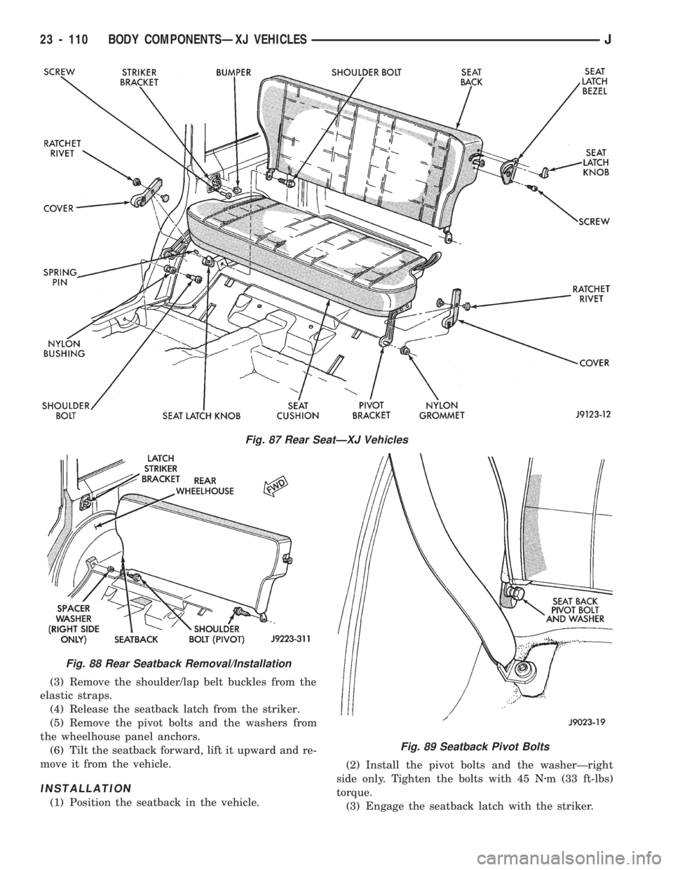 JEEP CHEROKEE 1994  Service Repair Manual (3) Remove the shoulder/lap belt buckles from the
elastic straps.
(4) Release the seatback latch from the striker.
(5) Remove the pivot bolts and the washers from
the wheelhouse panel anchors.
(6) Til