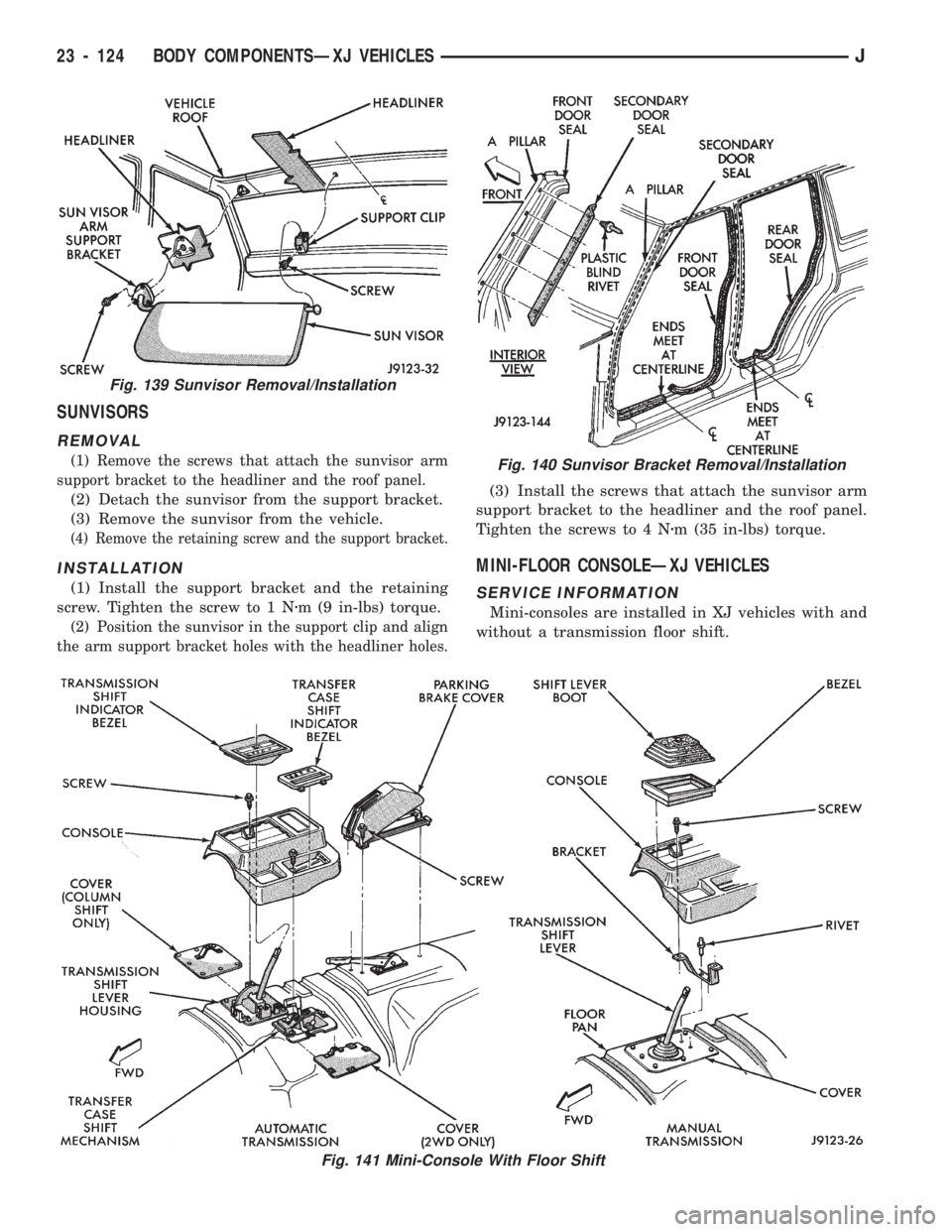 JEEP CHEROKEE 1994 Service Repair Manual SUNVISORS
REMOVAL
(1) Remove the screws that attach the sunvisor arm
support bracket to the headliner and the roof panel.
(2) Detach the sunvisor from the support bracket.
(3) Remove the sunvisor from JEEP CHEROKEE 1994 Service Repair Manual SUNVISORS
REMOVAL
(1) Remove the screws that attach the sunvisor arm
support bracket to the headliner and the roof panel.
(2) Detach the sunvisor from the support bracket.
(3) Remove the sunvisor from