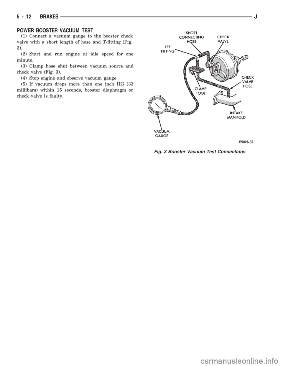 JEEP CHEROKEE 1994  Service Repair Manual POWER BOOSTER VACUUM TEST
(1) Connect a vacuum gauge to the booster check
valve with a short length of hose and T-fitting (Fig.
3).
(2) Start and run engine at idle speed for one
minute.
(3) Clamp hos
