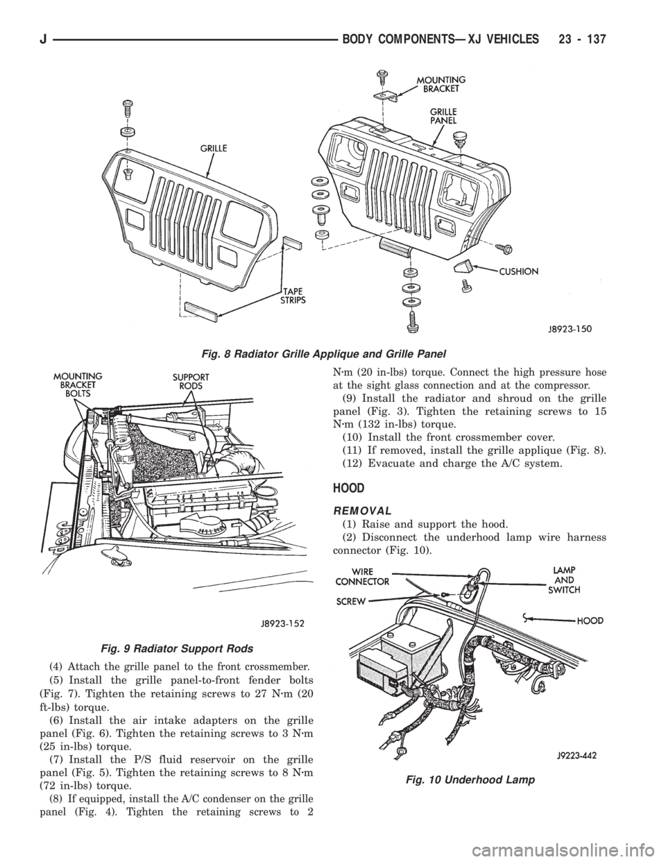 JEEP CHEROKEE 1994 Service Repair Manual (4) Attach the grille panel to the front crossmember.
(5) Install the grille panel-to-front fender bolts
(Fig. 7). Tighten the retaining screws to 27 Nzm (20
ft-lbs) torque.
(6) Install the air intake JEEP CHEROKEE 1994 Service Repair Manual (4) Attach the grille panel to the front crossmember.
(5) Install the grille panel-to-front fender bolts
(Fig. 7). Tighten the retaining screws to 27 Nzm (20
ft-lbs) torque.
(6) Install the air intake