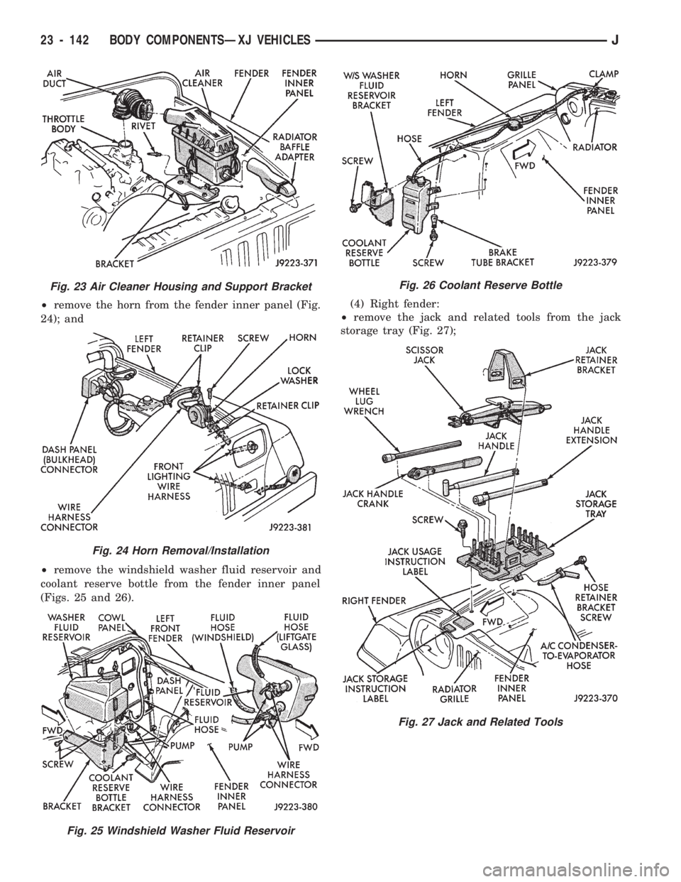 JEEP CHEROKEE 1994 Service Repair Manual ²remove the horn from the fender inner panel (Fig.
24); and
²remove the windshield washer fluid reservoir and
coolant reserve bottle from the fender inner panel
(Figs. 25 and 26).(4) Right fender:
JEEP CHEROKEE 1994 Service Repair Manual ²remove the horn from the fender inner panel (Fig.
24); and
²remove the windshield washer fluid reservoir and
coolant reserve bottle from the fender inner panel
(Figs. 25 and 26).(4) Right fender: