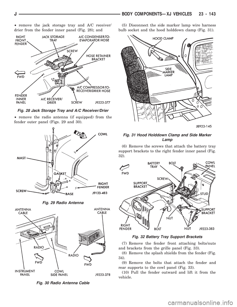 JEEP CHEROKEE 1994 Service Repair Manual ²remove the jack storage tray and A/C receiver/
drier from the fender inner panel (Fig. 28); and
²remove the radio antenna (if equipped) from the
fender outer panel (Figs. 29 and 30).(5) Disconnect JEEP CHEROKEE 1994 Service Repair Manual ²remove the jack storage tray and A/C receiver/
drier from the fender inner panel (Fig. 28); and
²remove the radio antenna (if equipped) from the
fender outer panel (Figs. 29 and 30).(5) Disconnect