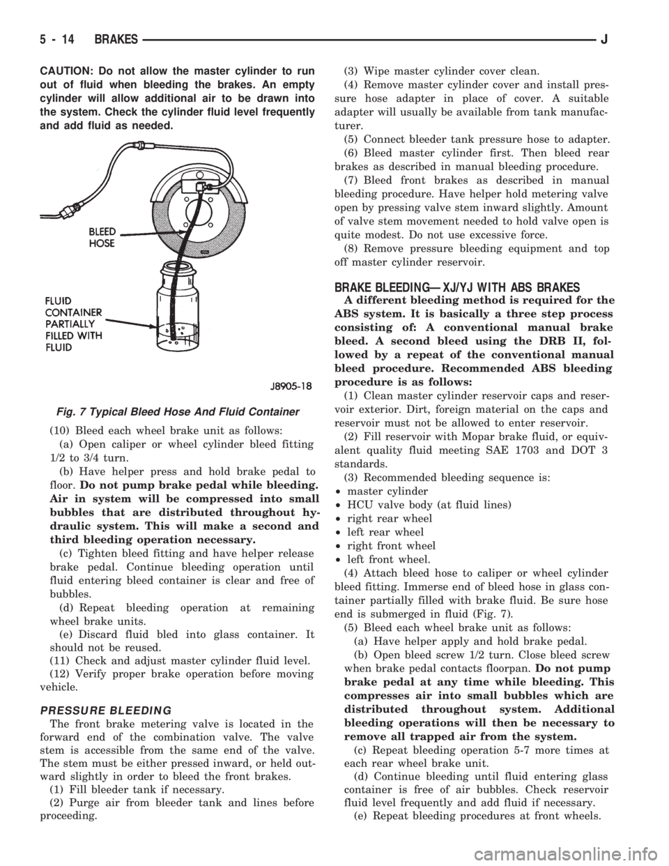JEEP CHEROKEE 1994 Service Repair Manual CAUTION: Do not allow the master cylinder to run
out of fluid when bleeding the brakes. An empty
cylinder will allow additional air to be drawn into
the system. Check the cylinder fluid level frequent JEEP CHEROKEE 1994 Service Repair Manual CAUTION: Do not allow the master cylinder to run
out of fluid when bleeding the brakes. An empty
cylinder will allow additional air to be drawn into
the system. Check the cylinder fluid level frequent