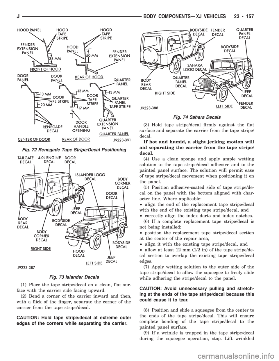 JEEP CHEROKEE 1994 Service Repair Manual (1) Place the tape stripe/decal on a clean, flat sur-
face with the carrier side facing upward.
(2) Bend a corner of the carrier inward and then,
with a flick of the finger, separate the corner of the JEEP CHEROKEE 1994 Service Repair Manual (1) Place the tape stripe/decal on a clean, flat sur-
face with the carrier side facing upward.
(2) Bend a corner of the carrier inward and then,
with a flick of the finger, separate the corner of the