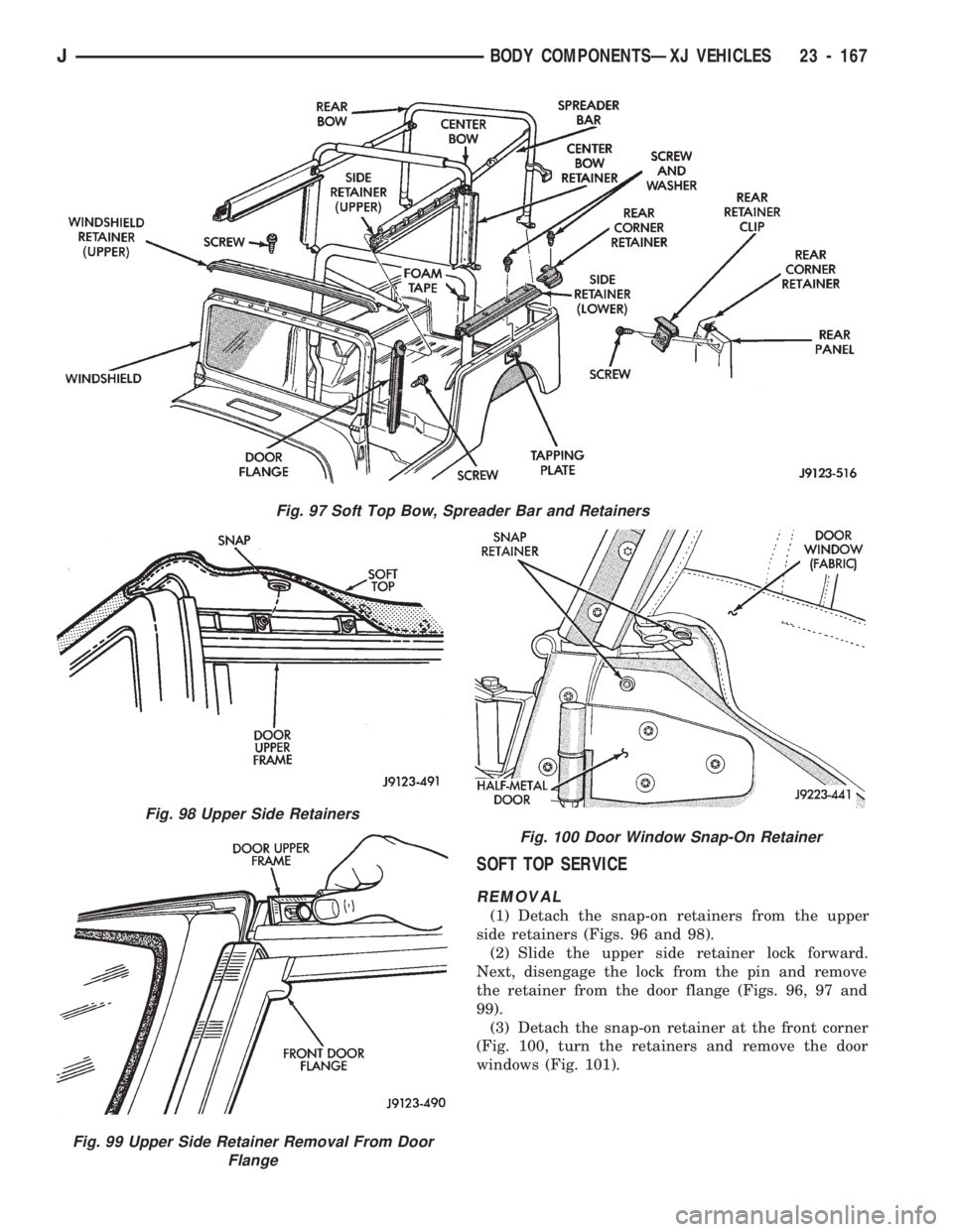 JEEP CHEROKEE 1994 Service Repair Manual SOFT TOP SERVICE
REMOVAL
(1) Detach the snap-on retainers from the upper
side retainers (Figs. 96 and 98).
(2) Slide the upper side retainer lock forward.
Next, disengage the lock from the pin and rem JEEP CHEROKEE 1994 Service Repair Manual SOFT TOP SERVICE
REMOVAL
(1) Detach the snap-on retainers from the upper
side retainers (Figs. 96 and 98).
(2) Slide the upper side retainer lock forward.
Next, disengage the lock from the pin and rem