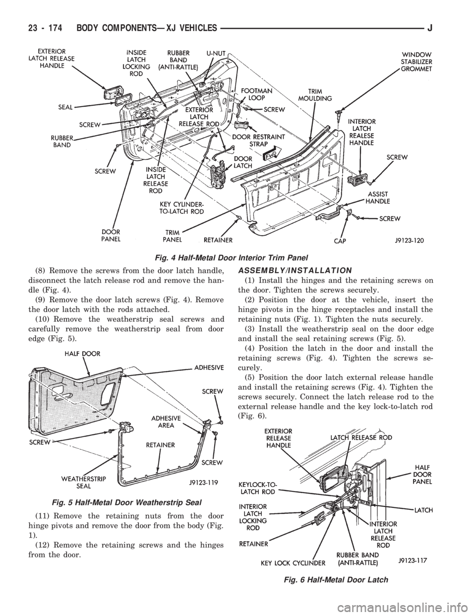 JEEP CHEROKEE 1994 Service Repair Manual (8) Remove the screws from the door latch handle,
disconnect the latch release rod and remove the han-
dle (Fig. 4).
(9) Remove the door latch screws (Fig. 4). Remove
the door latch with the rods atta JEEP CHEROKEE 1994 Service Repair Manual (8) Remove the screws from the door latch handle,
disconnect the latch release rod and remove the han-
dle (Fig. 4).
(9) Remove the door latch screws (Fig. 4). Remove
the door latch with the rods atta