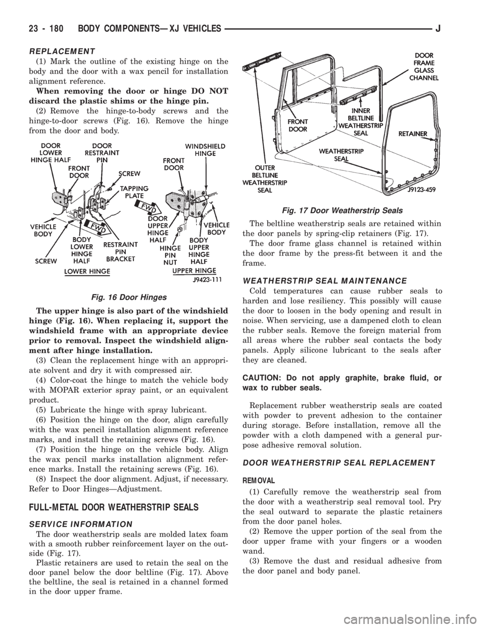 JEEP CHEROKEE 1994 Service Repair Manual REPLACEMENT
(1) Mark the outline of the existing hinge on the
body and the door with a wax pencil for installation
alignment reference.
When removing the door or hinge DO NOT
discard the plastic shims JEEP CHEROKEE 1994 Service Repair Manual REPLACEMENT
(1) Mark the outline of the existing hinge on the
body and the door with a wax pencil for installation
alignment reference.
When removing the door or hinge DO NOT
discard the plastic shims