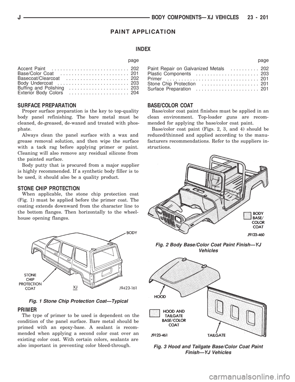 JEEP CHEROKEE 1994 Service Repair Manual PAINT APPLICATION
INDEX
page page
Accent Paint........................... 202
Base/Color Coat........................ 201
Basecoat/Clearcoat...................... 202
Body Undercoat................... JEEP CHEROKEE 1994 Service Repair Manual PAINT APPLICATION
INDEX
page page
Accent Paint........................... 202
Base/Color Coat........................ 201
Basecoat/Clearcoat...................... 202
Body Undercoat...................