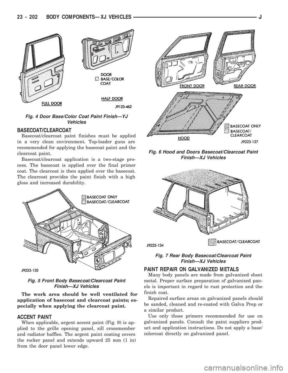 JEEP CHEROKEE 1994 Service Repair Manual BASECOAT/CLEARCOAT
Basecoat/clearcoat paint finishes must be applied
in a very clean environment. Top-loader guns are
recommended for applying the basecoat paint and the
clearcoat paint.
Basecoat/clea JEEP CHEROKEE 1994 Service Repair Manual BASECOAT/CLEARCOAT
Basecoat/clearcoat paint finishes must be applied
in a very clean environment. Top-loader guns are
recommended for applying the basecoat paint and the
clearcoat paint.
Basecoat/clea