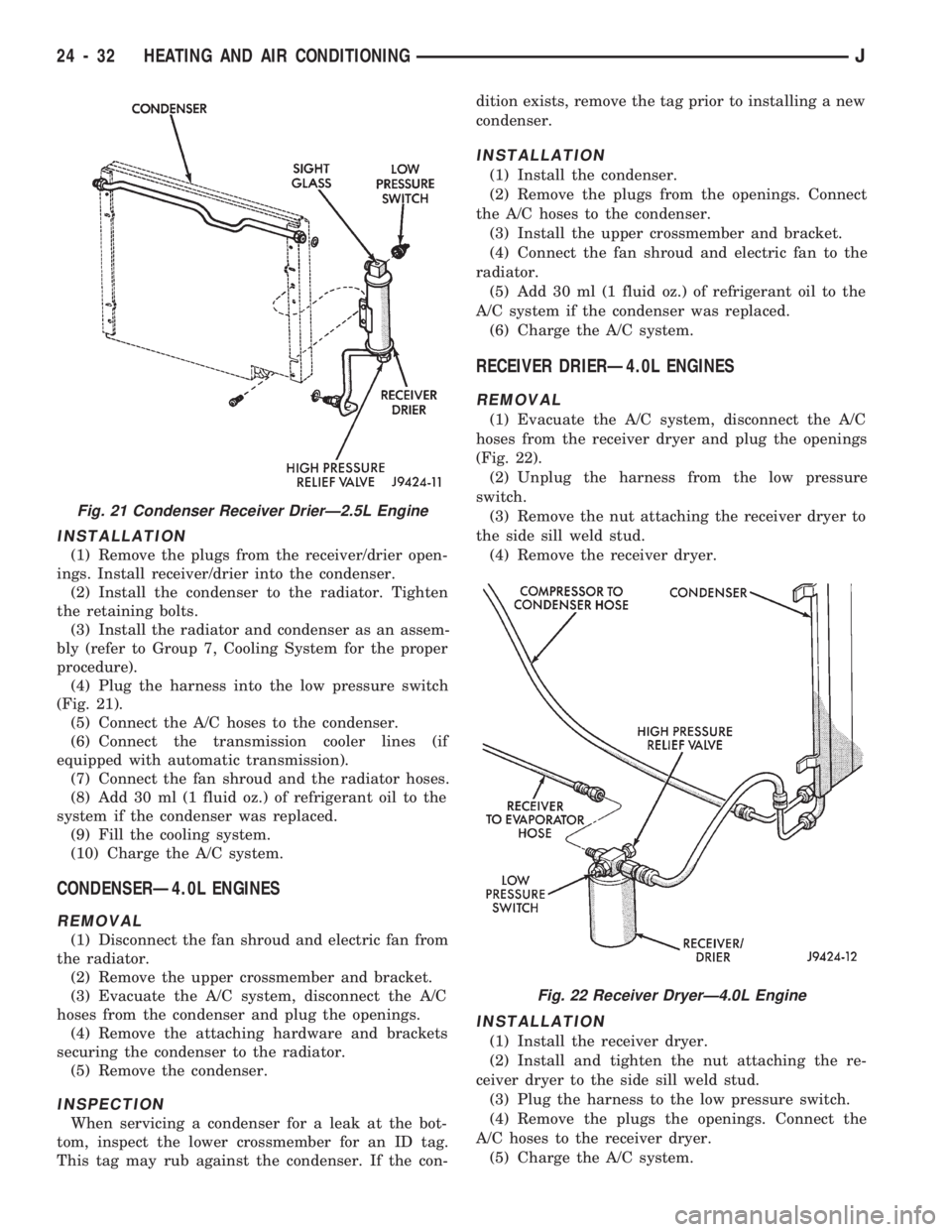 JEEP CHEROKEE 1994 Service Repair Manual INSTALLATION
(1) Remove the plugs from the receiver/drier open-
ings. Install receiver/drier into the condenser.
(2) Install the condenser to the radiator. Tighten
the retaining bolts.
(3) Install the JEEP CHEROKEE 1994 Service Repair Manual INSTALLATION
(1) Remove the plugs from the receiver/drier open-
ings. Install receiver/drier into the condenser.
(2) Install the condenser to the radiator. Tighten
the retaining bolts.
(3) Install the