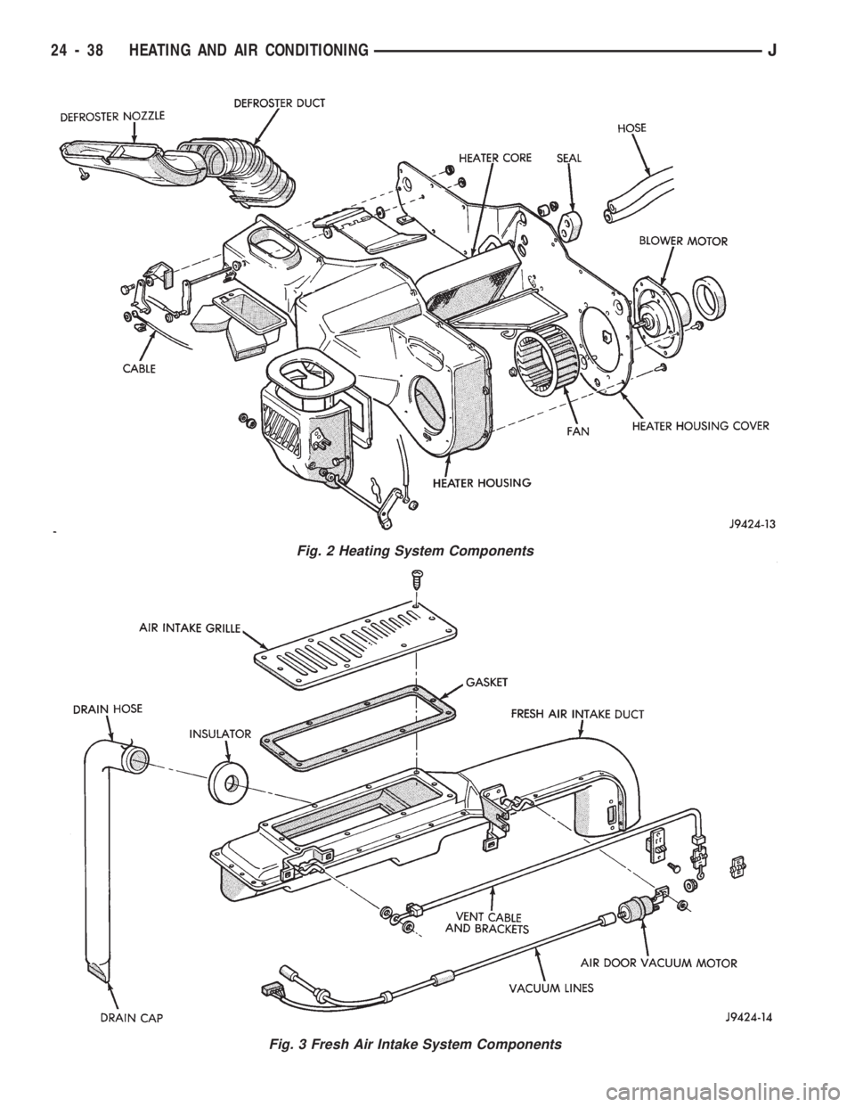 JEEP CHEROKEE 1994 Service Repair Manual Fig. 3 Fresh Air Intake System Components
Fig. 2 Heating System Components
24 - 38 HEATING AND AIR CONDITIONINGJ JEEP CHEROKEE 1994 Service Repair Manual Fig. 3 Fresh Air Intake System Components
Fig. 2 Heating System Components
24 - 38 HEATING AND AIR CONDITIONINGJ