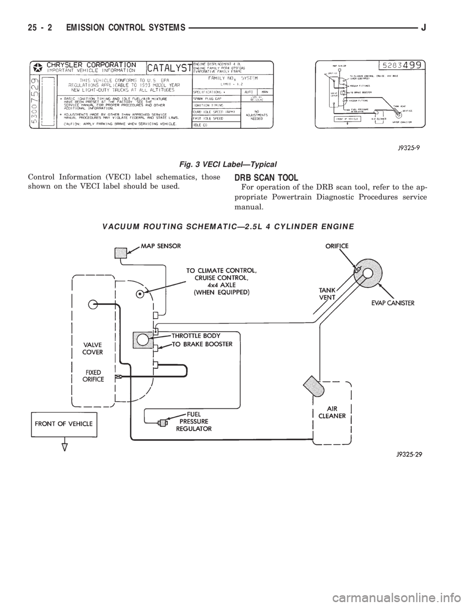 JEEP CHEROKEE 1994 Service Repair Manual Control Information (VECI) label schematics, those
shown on the VECI label should be used.DRB SCAN TOOL
For operation of the DRB scan tool, refer to the ap-
propriate Powertrain Diagnostic Procedures JEEP CHEROKEE 1994 Service Repair Manual Control Information (VECI) label schematics, those
shown on the VECI label should be used.DRB SCAN TOOL
For operation of the DRB scan tool, refer to the ap-
propriate Powertrain Diagnostic Procedures