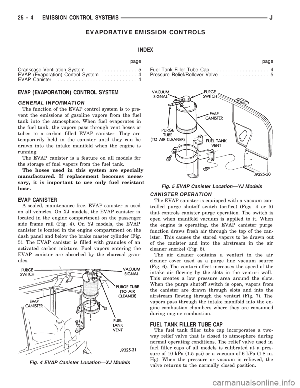 JEEP CHEROKEE 1994 Service Repair Manual EVAPORATIVE EMISSION CONTROLS
INDEX
page page
Crankcase Ventilation System................ 5
EVAP (Evaporation) Control System........... 4
EVAP Canister........................... 4Fuel Tank Filler T JEEP CHEROKEE 1994 Service Repair Manual EVAPORATIVE EMISSION CONTROLS
INDEX
page page
Crankcase Ventilation System................ 5
EVAP (Evaporation) Control System........... 4
EVAP Canister........................... 4Fuel Tank Filler T