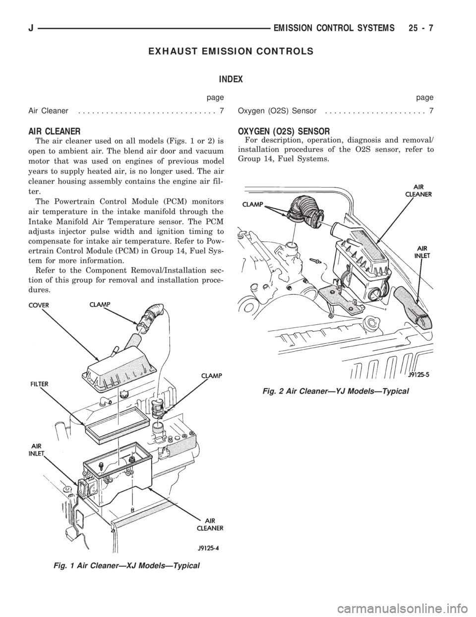 JEEP CHEROKEE 1994 Service Repair Manual EXHAUST EMISSION CONTROLS
INDEX
page page
Air Cleaner.............................. 7Oxygen (O2S) Sensor...................... 7
AIR CLEANER
The air cleaner used on all models (Figs. 1 or 2) is
open t JEEP CHEROKEE 1994 Service Repair Manual EXHAUST EMISSION CONTROLS
INDEX
page page
Air Cleaner.............................. 7Oxygen (O2S) Sensor...................... 7
AIR CLEANER
The air cleaner used on all models (Figs. 1 or 2) is
open t