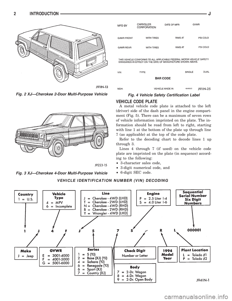 JEEP CHEROKEE 1994  Service Repair Manual VEHICLE CODE PLATE
A metal vehicle code plate is attached to the left
(driver) side of the dash panel in the engine compart-
ment (Fig. 5). There can be a maximum of seven rows
of vehicle information 