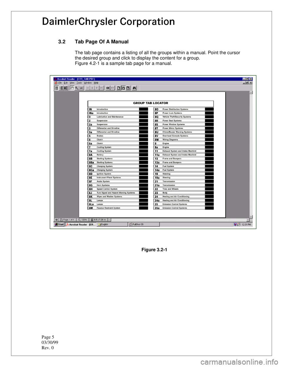 JEEP CHEROKEE 1994  Service Repair Manual Page 5
03/30/99
Rev. 0
3.2  Tab Page Of A Manual
The tab page contains a listing of all the groups within a manual. Point the cursor
the desired group and click to display the content for a group.
Fig