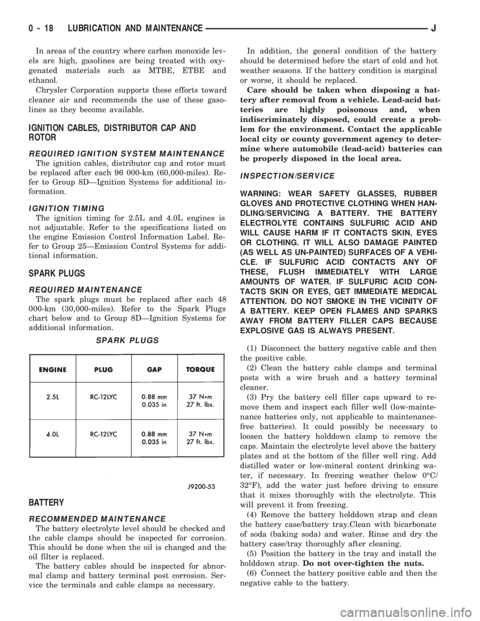 JEEP CHEROKEE 1994  Service Repair Manual In areas of the country where carbon monoxide lev-
els are high, gasolines are being treated with oxy-
genated materials such as MTBE, ETBE and
ethanol.
Chrysler Corporation supports these efforts tow