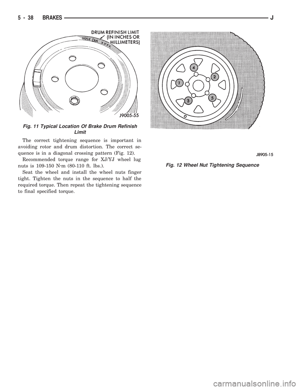JEEP CHEROKEE 1994 Service Repair Manual The correct tightening sequence is important in
avoiding rotor and drum distortion. The correct se-
quence is in a diagonal crossing pattern (Fig. 12).
Recommended torque range for XJ/YJ wheel lug
nut JEEP CHEROKEE 1994 Service Repair Manual The correct tightening sequence is important in
avoiding rotor and drum distortion. The correct se-
quence is in a diagonal crossing pattern (Fig. 12).
Recommended torque range for XJ/YJ wheel lug
nut