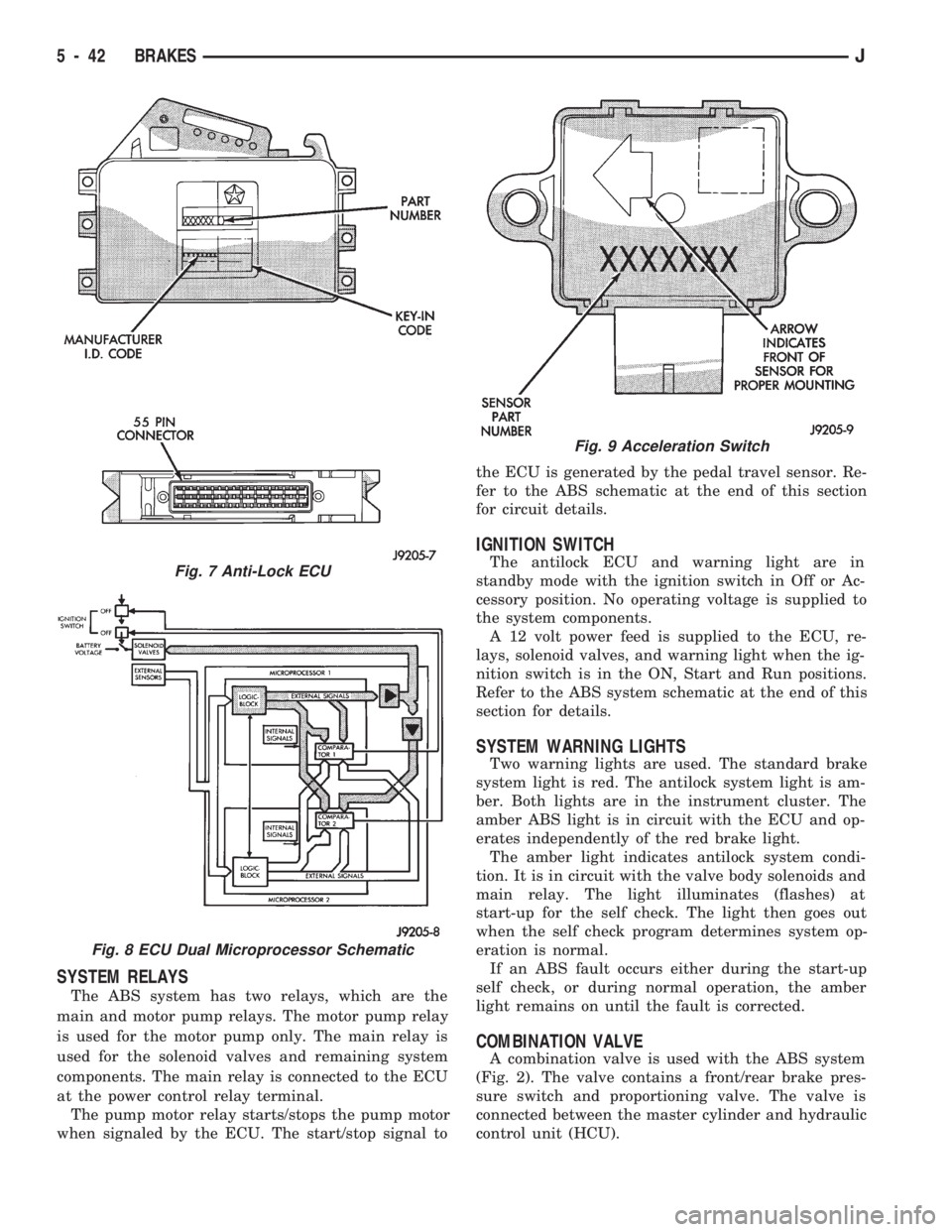 JEEP CHEROKEE 1994  Service Repair Manual SYSTEM RELAYS
The ABS system has two relays, which are the
main and motor pump relays. The motor pump relay
is used for the motor pump only. The main relay is
used for the solenoid valves and remainin