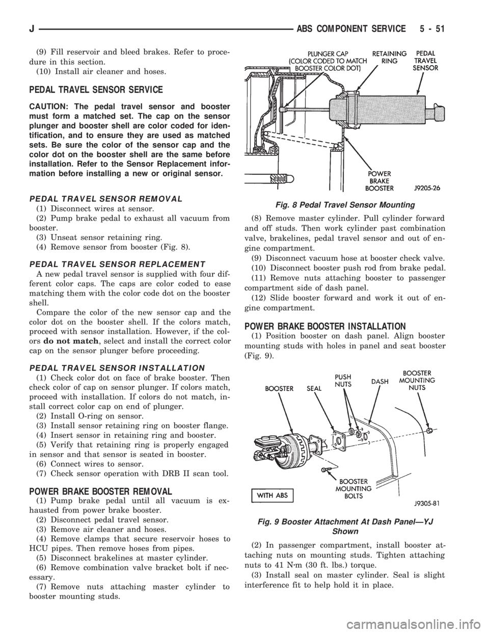 JEEP CHEROKEE 1994  Service Repair Manual (9) Fill reservoir and bleed brakes. Refer to proce-
dure in this section.
(10) Install air cleaner and hoses.
PEDAL TRAVEL SENSOR SERVICE
CAUTION: The pedal travel sensor and booster
must form a matc