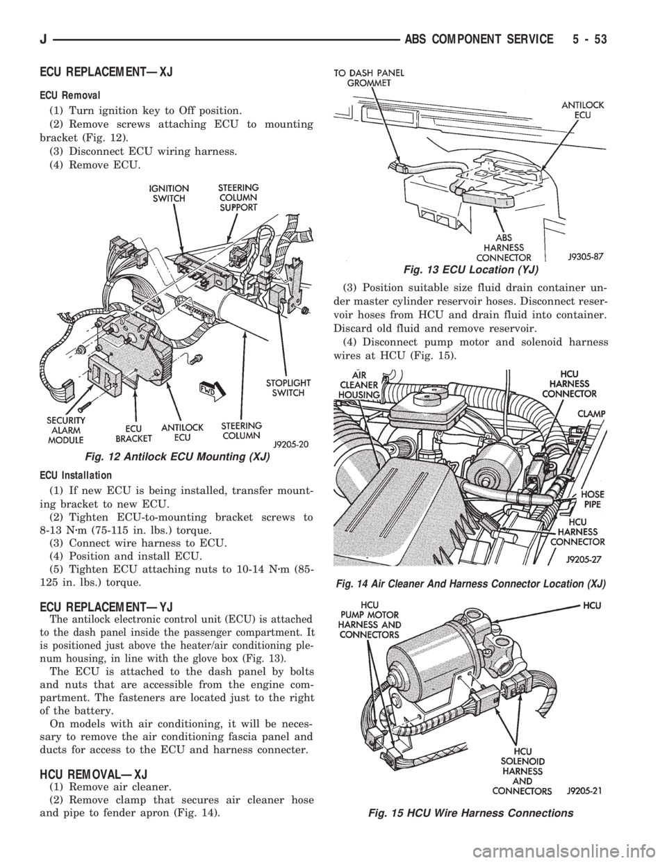 JEEP CHEROKEE 1994  Service Repair Manual ECU REPLACEMENTÐXJ
ECU Removal
(1) Turn ignition key to Off position.
(2) Remove screws attaching ECU to mounting
bracket (Fig. 12).
(3) Disconnect ECU wiring harness.
(4) Remove ECU.
ECU Installatio