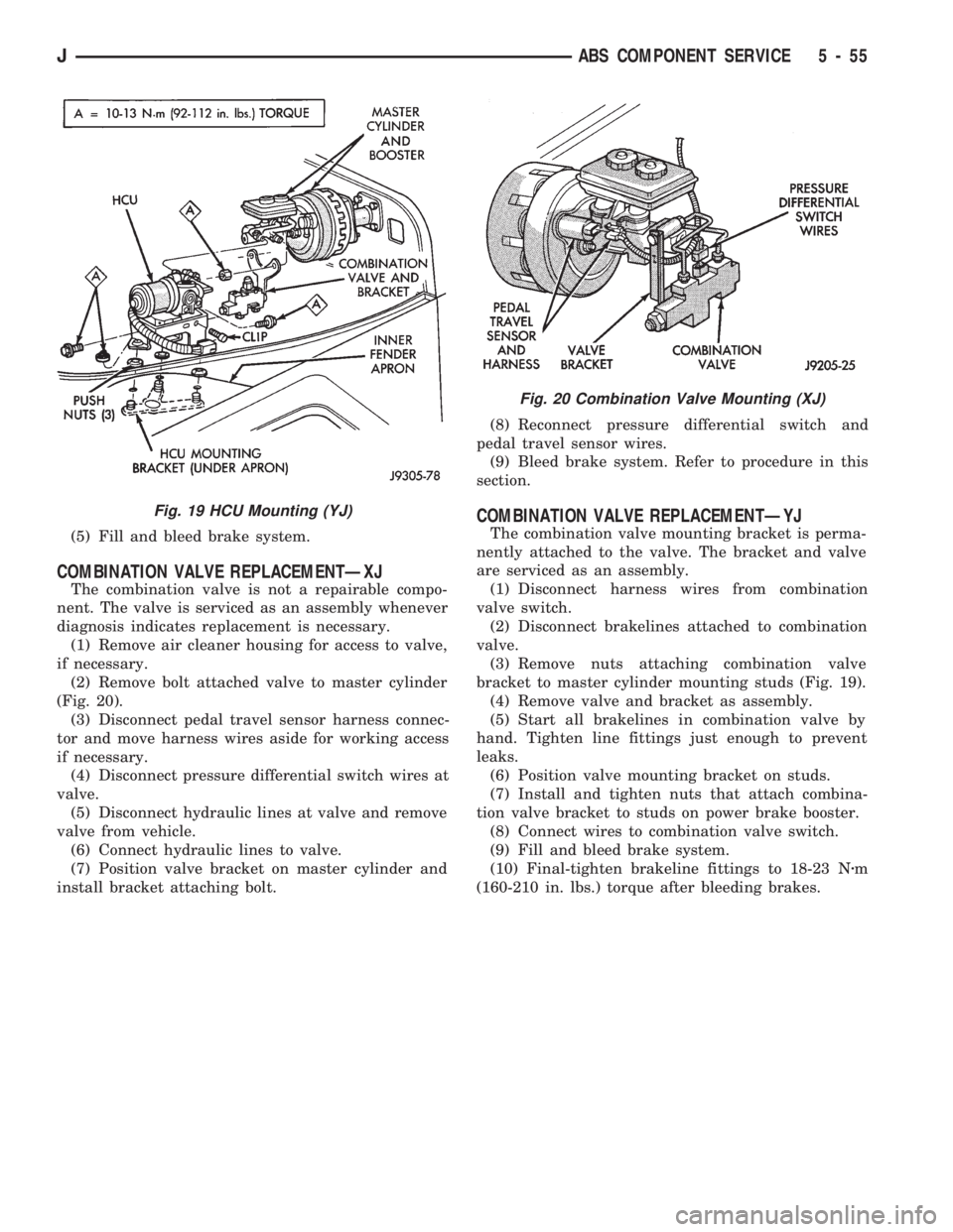 JEEP CHEROKEE 1994  Service Repair Manual (5) Fill and bleed brake system.
COMBINATION VALVE REPLACEMENTÐXJ
The combination valve is not a repairable compo-
nent. The valve is serviced as an assembly whenever
diagnosis indicates replacement 