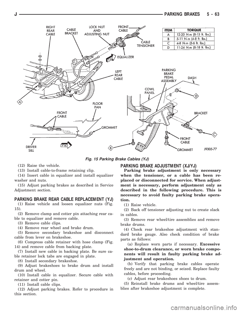 JEEP CHEROKEE 1994  Service Repair Manual (12) Raise the vehicle.
(13) Install cable-to-frame retaining clip.
(14) Insert cable in equalizer and install equalizer
washer and nuts.
(15) Adjust parking brakes as described in Service
Adjustment 