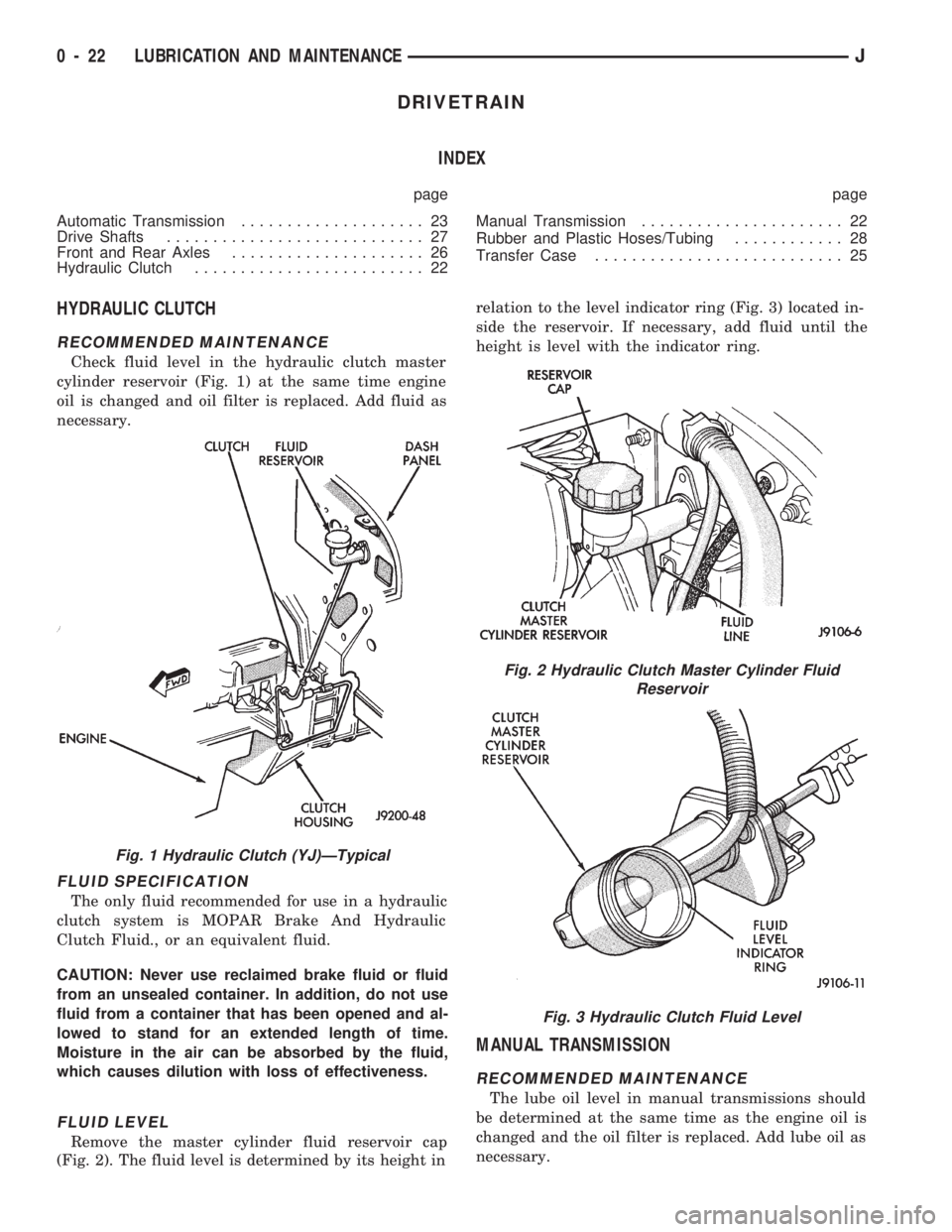 JEEP CHEROKEE 1994  Service Owners Manual DRIVETRAIN
INDEX
page page
Automatic Transmission.................... 23
Drive Shafts............................ 27
Front and Rear Axles..................... 26
Hydraulic Clutch......................