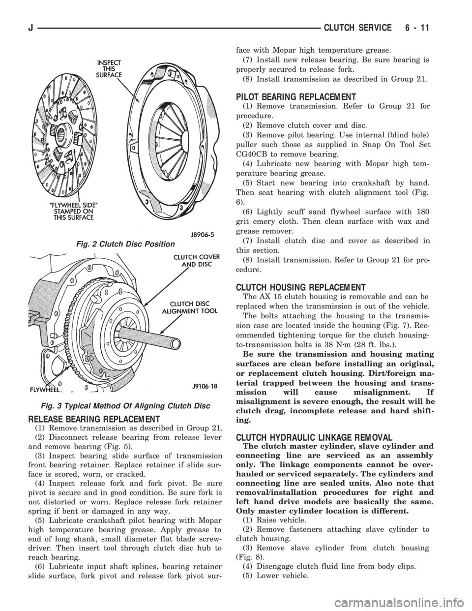 JEEP CHEROKEE 1994 Service Repair Manual RELEASE BEARING REPLACEMENT
(1) Remove transmission as described in Group 21.
(2) Disconnect release bearing from release lever
and remove bearing (Fig. 5).
(3) Inspect bearing slide surface of transm JEEP CHEROKEE 1994 Service Repair Manual RELEASE BEARING REPLACEMENT
(1) Remove transmission as described in Group 21.
(2) Disconnect release bearing from release lever
and remove bearing (Fig. 5).
(3) Inspect bearing slide surface of transm