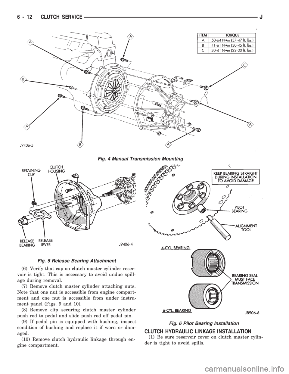 JEEP CHEROKEE 1994 Service Repair Manual (6) Verify that cap on clutch master cylinder reser-
voir is tight. This is necessary to avoid undue spill-
age during removal.
(7) Remove clutch master cylinder attaching nuts.
Note that one nut is a JEEP CHEROKEE 1994 Service Repair Manual (6) Verify that cap on clutch master cylinder reser-
voir is tight. This is necessary to avoid undue spill-
age during removal.
(7) Remove clutch master cylinder attaching nuts.
Note that one nut is a