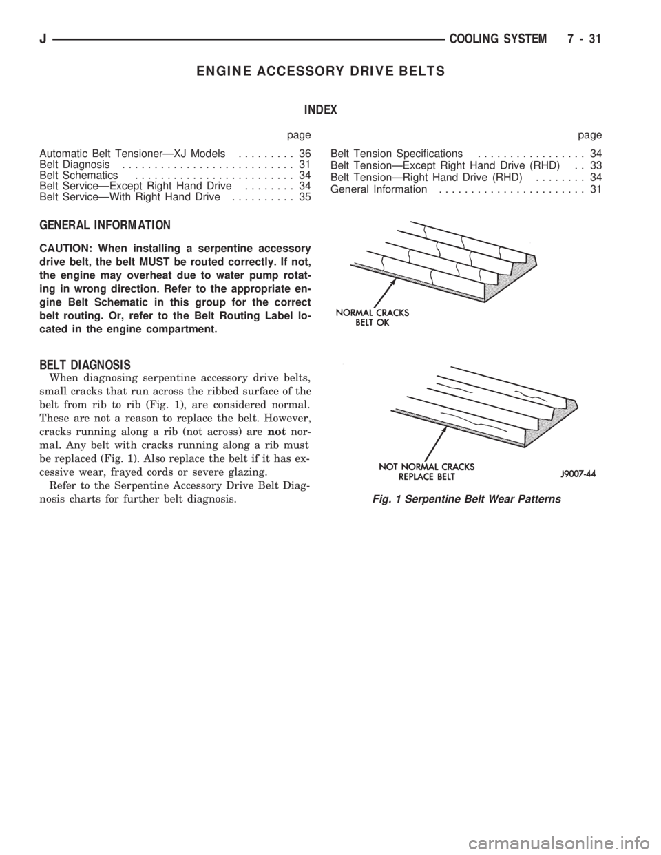 JEEP CHEROKEE 1994 Service Repair Manual ENGINE ACCESSORY DRIVE BELTS
INDEX
page page
Automatic Belt TensionerÐXJ Models......... 36
Belt Diagnosis........................... 31
Belt Schematics......................... 34
Belt ServiceÐExce JEEP CHEROKEE 1994 Service Repair Manual ENGINE ACCESSORY DRIVE BELTS
INDEX
page page
Automatic Belt TensionerÐXJ Models......... 36
Belt Diagnosis........................... 31
Belt Schematics......................... 34
Belt ServiceÐExce
