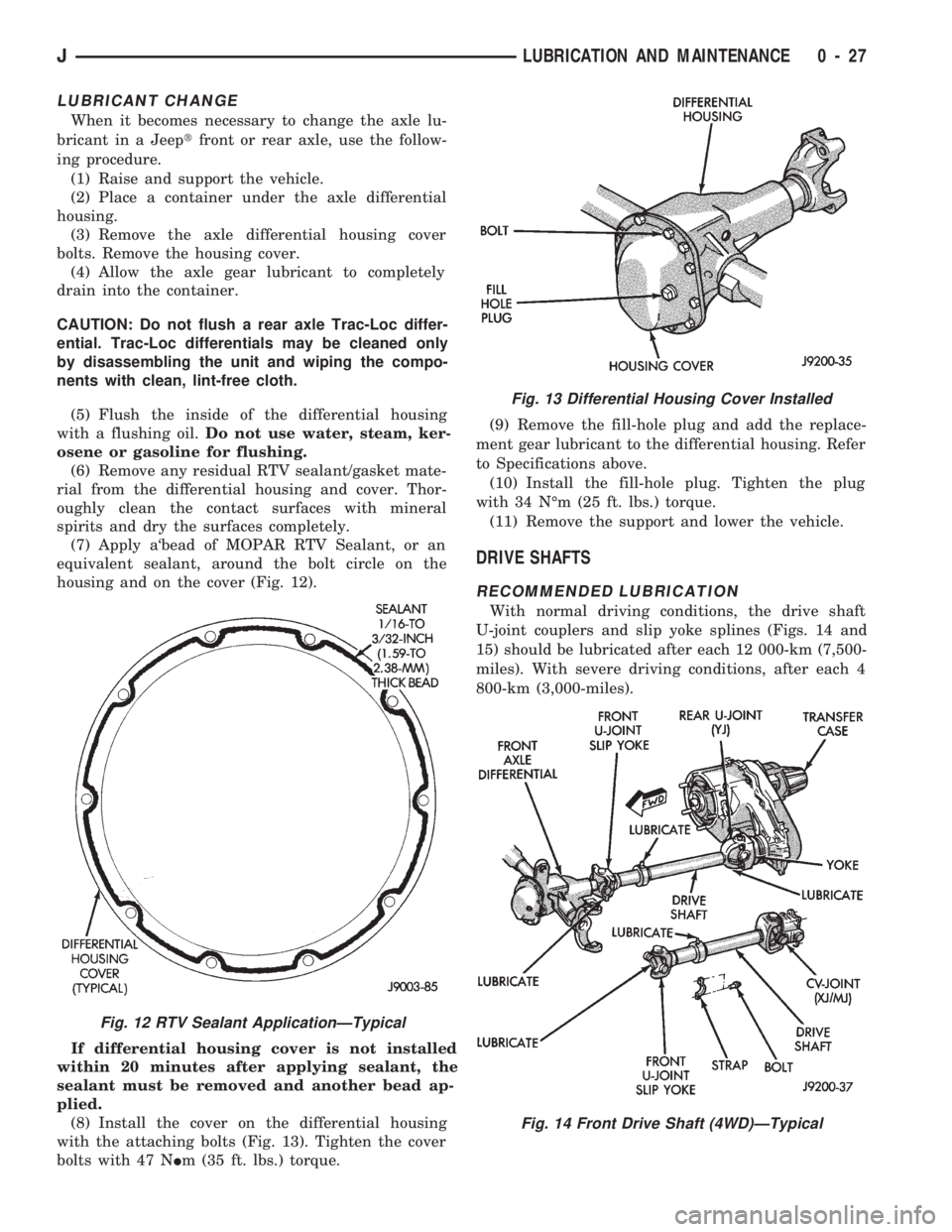 JEEP CHEROKEE 1994  Service Repair Manual LUBRICANT CHANGE
When it becomes necessary to change the axle lu-
bricant in a Jeeptfront or rear axle, use the follow-
ing procedure.
(1) Raise and support the vehicle.
(2) Place a container under th