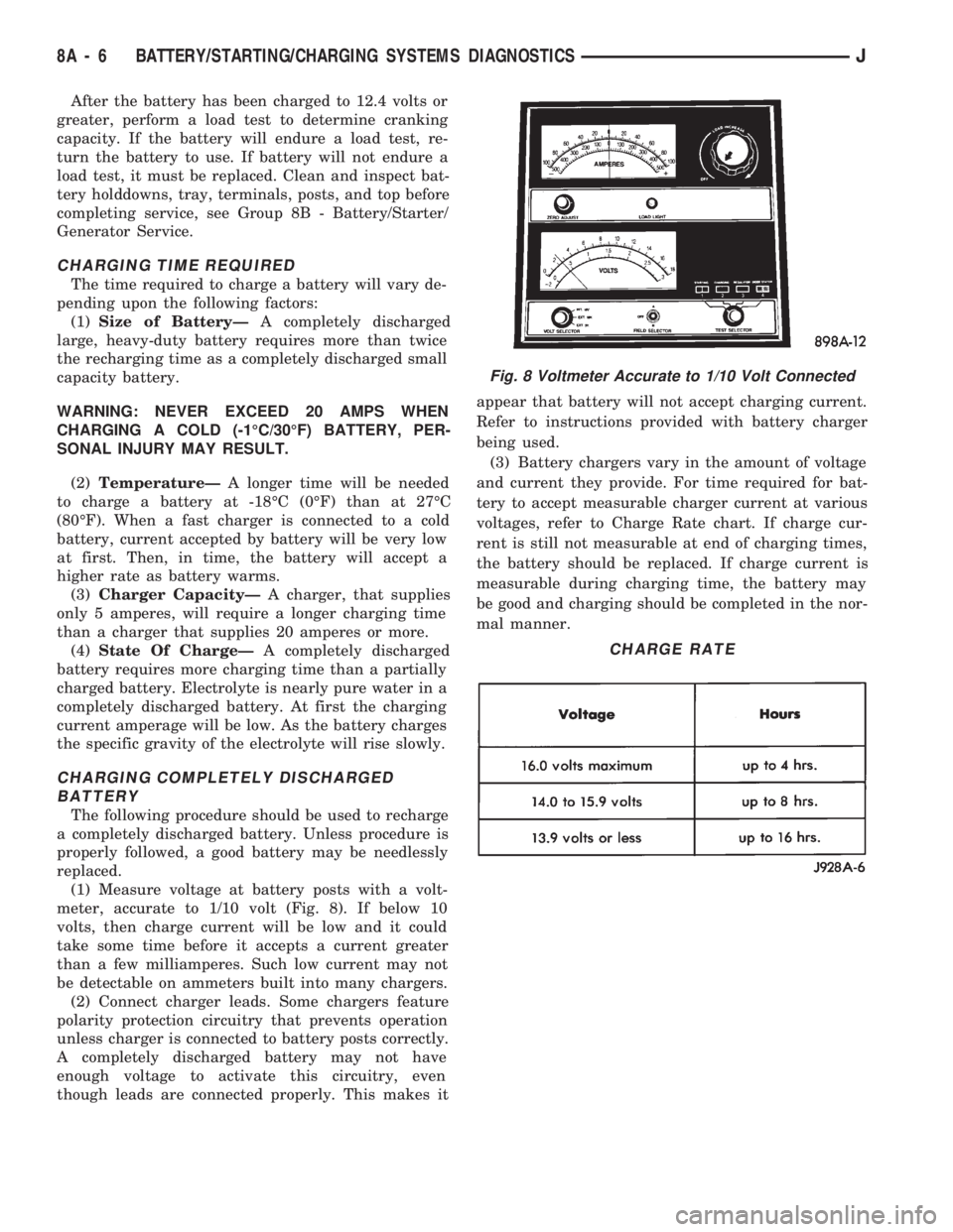 JEEP CHEROKEE 1994 Service Repair Manual After the battery has been charged to 12.4 volts or
greater, perform a load test to determine cranking
capacity. If the battery will endure a load test, re-
turn the battery to use. If battery will no JEEP CHEROKEE 1994 Service Repair Manual After the battery has been charged to 12.4 volts or
greater, perform a load test to determine cranking
capacity. If the battery will endure a load test, re-
turn the battery to use. If battery will no