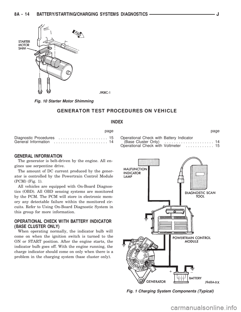JEEP CHEROKEE 1994 Service Repair Manual GENERATOR TEST PROCEDURES ON VEHICLE
INDEX
page page
Diagnostic Procedures..................... 15
General Information....................... 14Operational Check with Battery Indicator
(Base Cluster O JEEP CHEROKEE 1994 Service Repair Manual GENERATOR TEST PROCEDURES ON VEHICLE
INDEX
page page
Diagnostic Procedures..................... 15
General Information....................... 14Operational Check with Battery Indicator
(Base Cluster O