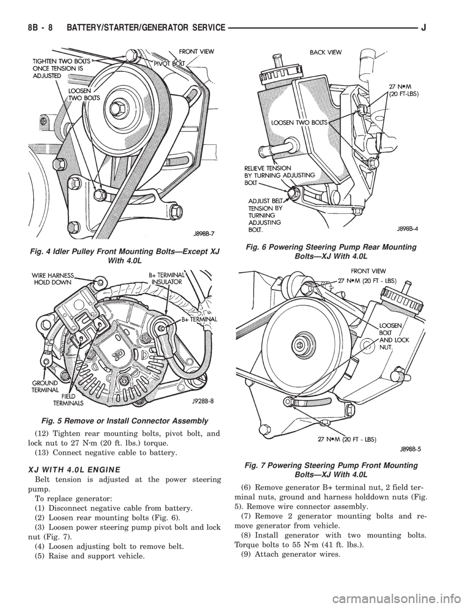 JEEP CHEROKEE 1994  Service Repair Manual (12) Tighten rear mounting bolts, pivot bolt, and
lock nut to 27 Nzm (20 ft. lbs.) torque.
(13) Connect negative cable to battery.
XJ WITH 4.0L ENGINE
Belt tension is adjusted at the power steering
pu