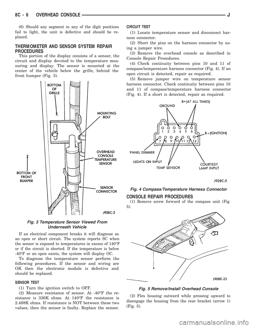 JEEP CHEROKEE 1994 Service Repair Manual (6) Should any segment in any of the digit positions
fail to light, the unit is defective and should be re-
placed.
THERMOMETER AND SENSOR SYSTEM REPAIR
PROCEDURES
This portion of the display consists JEEP CHEROKEE 1994 Service Repair Manual (6) Should any segment in any of the digit positions
fail to light, the unit is defective and should be re-
placed.
THERMOMETER AND SENSOR SYSTEM REPAIR
PROCEDURES
This portion of the display consists