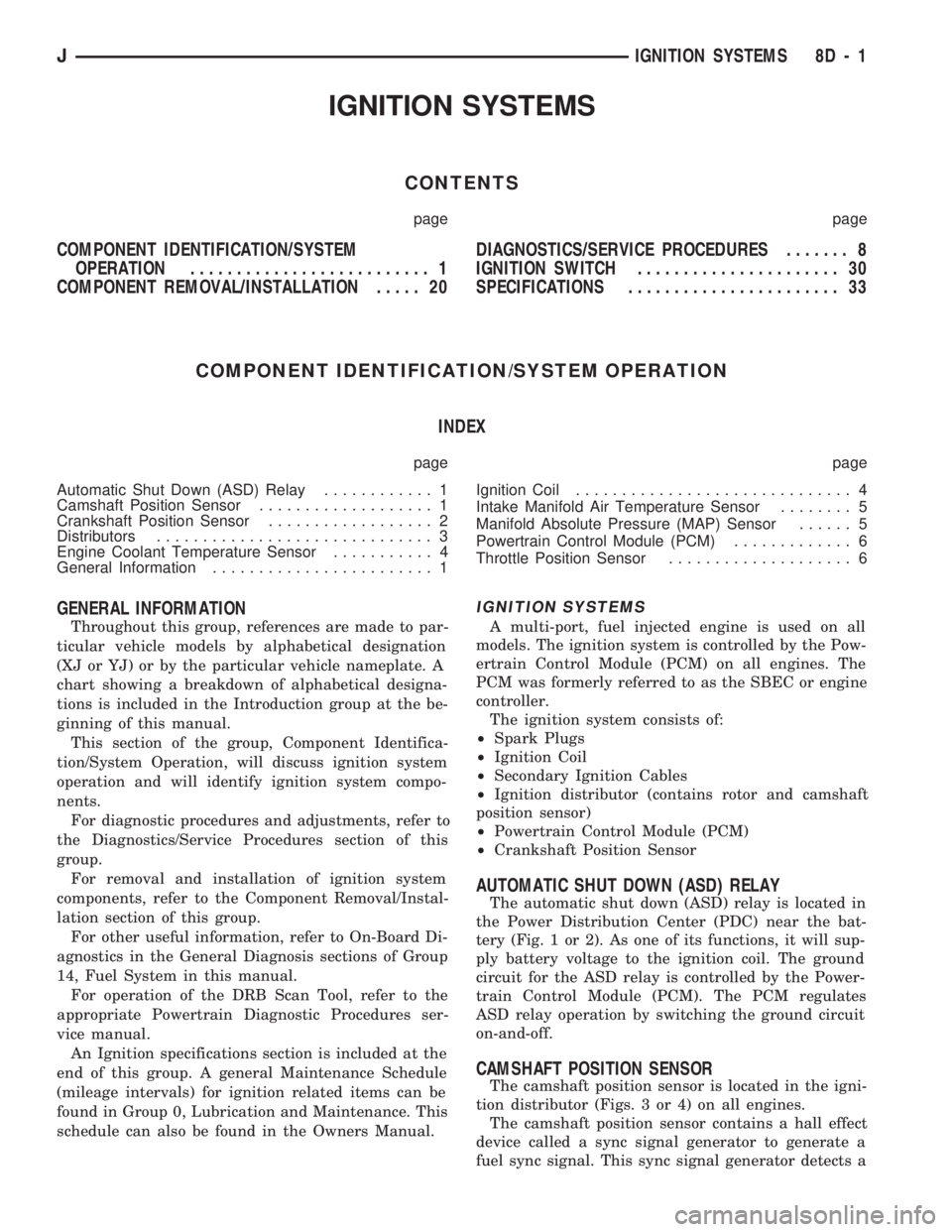 JEEP CHEROKEE 1994 Service Repair Manual IGNITION SYSTEMS
CONTENTS
page page
COMPONENT IDENTIFICATION/SYSTEM
OPERATION.......................... 1
COMPONENT REMOVAL/INSTALLATION..... 20DIAGNOSTICS/SERVICE PROCEDURES....... 8
IGNITION SWITCH. JEEP CHEROKEE 1994 Service Repair Manual IGNITION SYSTEMS
CONTENTS
page page
COMPONENT IDENTIFICATION/SYSTEM
OPERATION.......................... 1
COMPONENT REMOVAL/INSTALLATION..... 20DIAGNOSTICS/SERVICE PROCEDURES....... 8
IGNITION SWITCH.