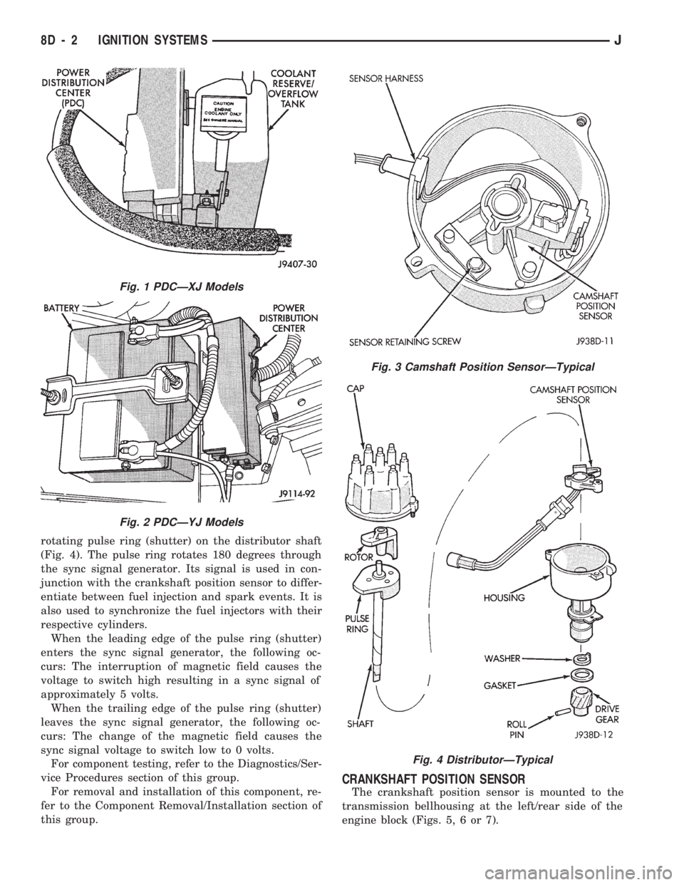 JEEP CHEROKEE 1994 Service Repair Manual rotating pulse ring (shutter) on the distributor shaft
(Fig. 4). The pulse ring rotates 180 degrees through
the sync signal generator. Its signal is used in con-
junction with the crankshaft position JEEP CHEROKEE 1994 Service Repair Manual rotating pulse ring (shutter) on the distributor shaft
(Fig. 4). The pulse ring rotates 180 degrees through
the sync signal generator. Its signal is used in con-
junction with the crankshaft position