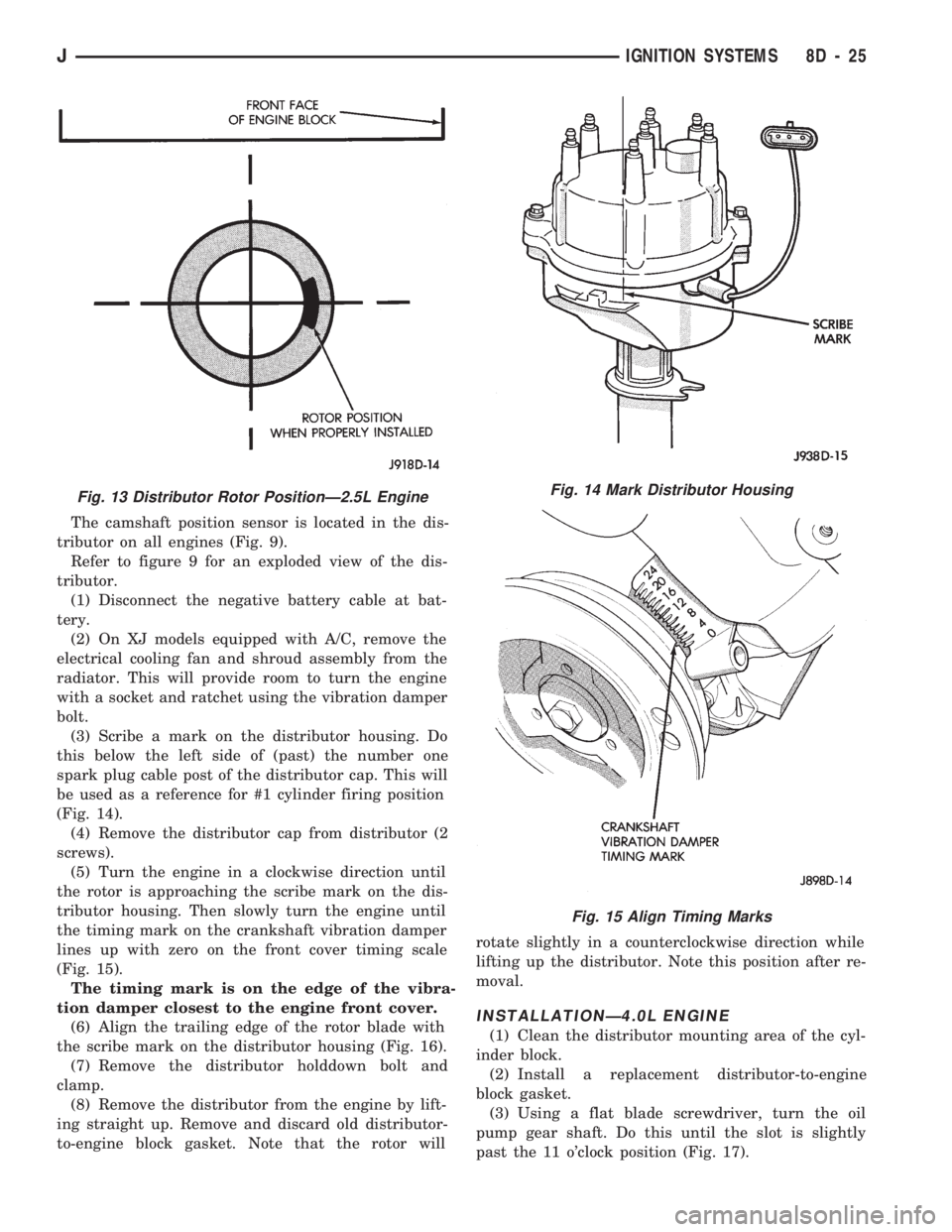 JEEP CHEROKEE 1994 Service Repair Manual The camshaft position sensor is located in the dis-
tributor on all engines (Fig. 9).
Refer to figure 9 for an exploded view of the dis-
tributor.
(1) Disconnect the negative battery cable at bat-
ter JEEP CHEROKEE 1994 Service Repair Manual The camshaft position sensor is located in the dis-
tributor on all engines (Fig. 9).
Refer to figure 9 for an exploded view of the dis-
tributor.
(1) Disconnect the negative battery cable at bat-
ter