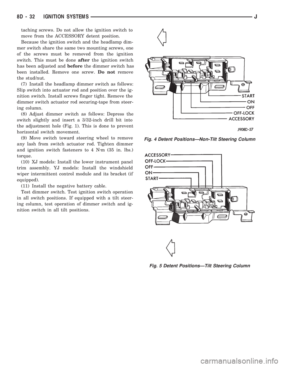 JEEP CHEROKEE 1994 Service Repair Manual taching screws. Do not allow the ignition switch to
move from the ACCESSORY detent position.
Because the ignition switch and the headlamp dim-
mer switch share the same two mounting screws, one
of the JEEP CHEROKEE 1994 Service Repair Manual taching screws. Do not allow the ignition switch to
move from the ACCESSORY detent position.
Because the ignition switch and the headlamp dim-
mer switch share the same two mounting screws, one
of the
