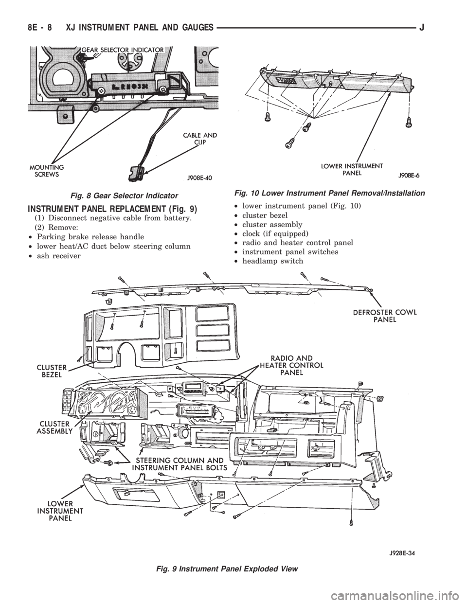 JEEP CHEROKEE 1994  Service Repair Manual INSTRUMENT PANEL REPLACEMENT (Fig. 9)
(1) Disconnect negative cable from battery.
(2) Remove:
²Parking brake release handle
²lower heat/AC duct below steering column
²ash receiver²lower instrument