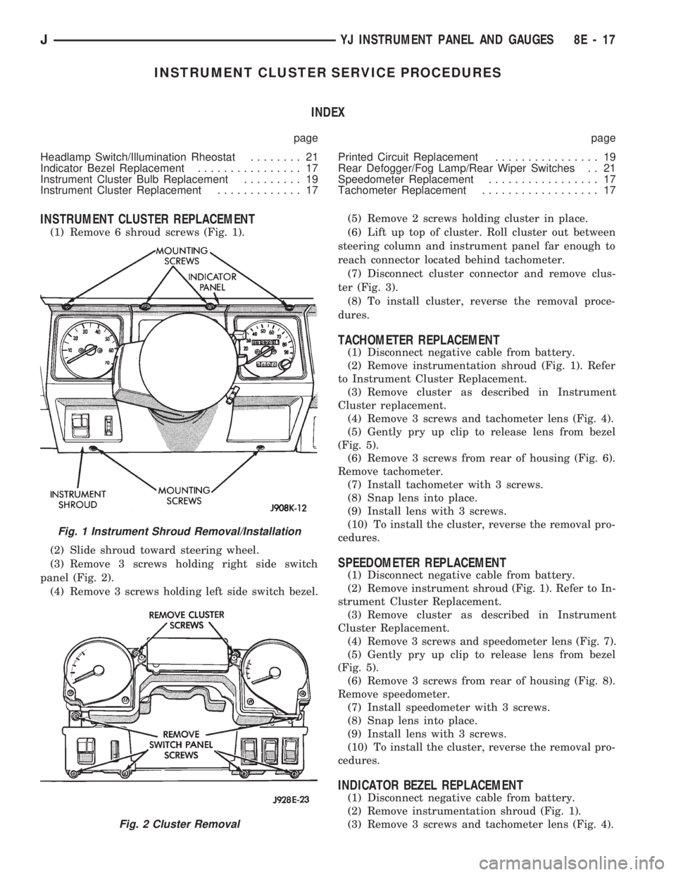 JEEP CHEROKEE 1994  Service Repair Manual INSTRUMENT CLUSTER SERVICE PROCEDURES
INDEX
page page
Headlamp Switch/Illumination Rheostat........ 21
Indicator Bezel Replacement................ 17
Instrument Cluster Bulb Replacement......... 19
In