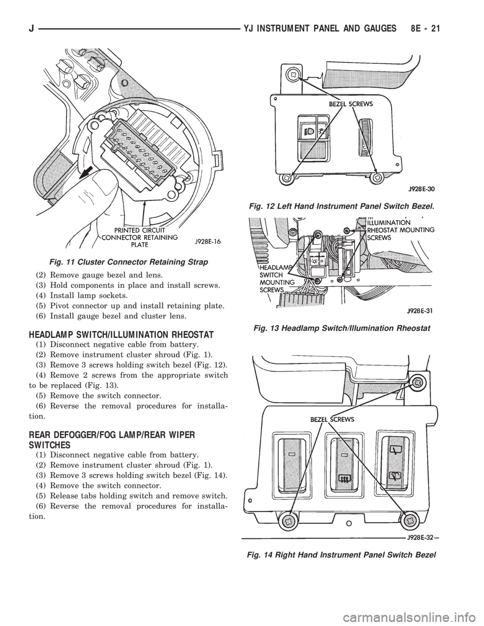 JEEP CHEROKEE 1994  Service Repair Manual (2) Remove gauge bezel and lens.
(3) Hold components in place and install screws.
(4) Install lamp sockets.
(5) Pivot connector up and install retaining plate.
(6) Install gauge bezel and cluster lens