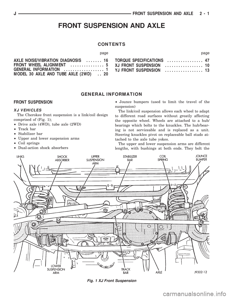 JEEP CHEROKEE 1994  Service Repair Manual FRONT SUSPENSION AND AXLE
CONTENTS
page page
AXLE NOISE/VIBRATION DIAGNOSIS....... 16
FRONT WHEEL ALIGNMENT............... 5
GENERAL INFORMATION.................. 1
MODEL 30 AXLE AND TUBE AXLE (2WD) .